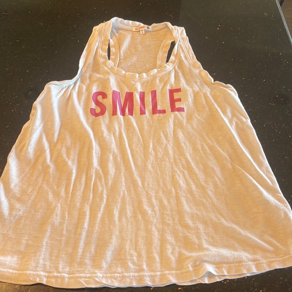 Sundry racer back tank top white with pink letters SMILE across the chest